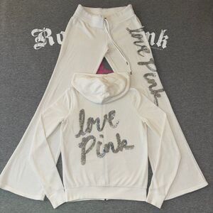 Rare VS PINK White Velour Velvet Holographic Sequin Bling Matching Outfit Set XS